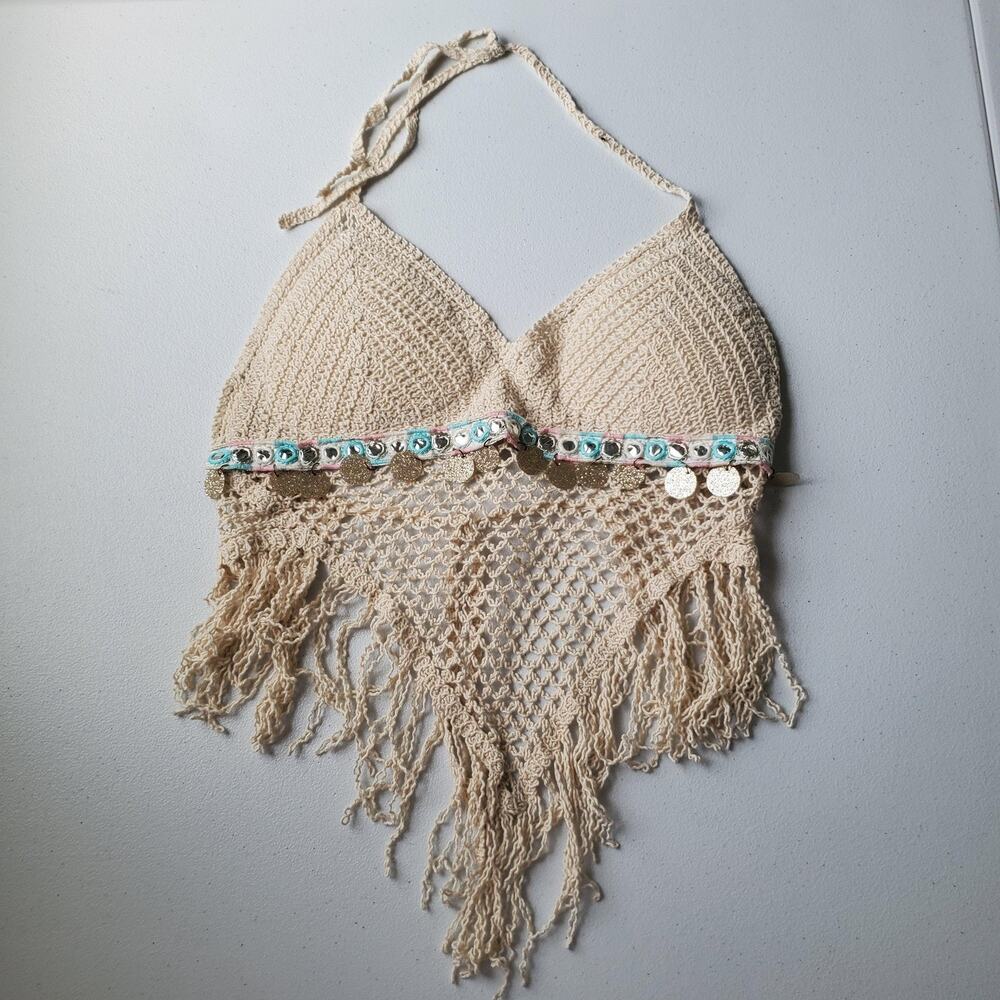 SHEIN Beige Crochet Fringe Halter Top with Sequin Trim